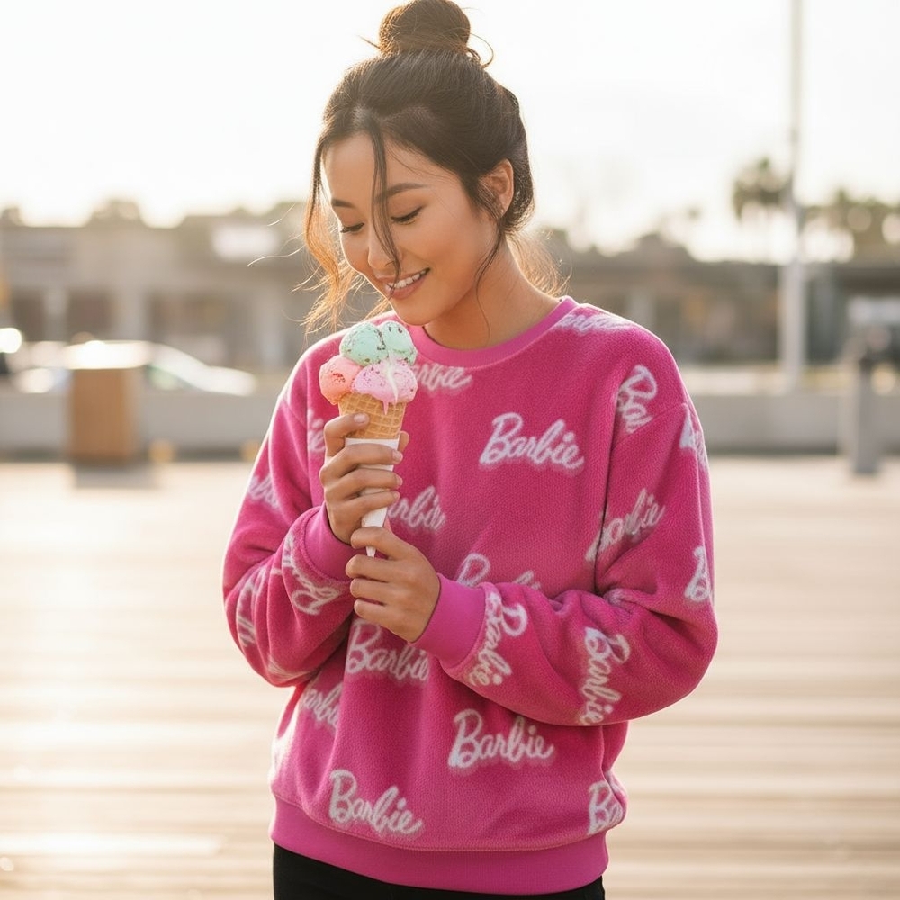 Barbie Pink Plush Fleece Women's Sweatshirt Size Medium Barbiecore